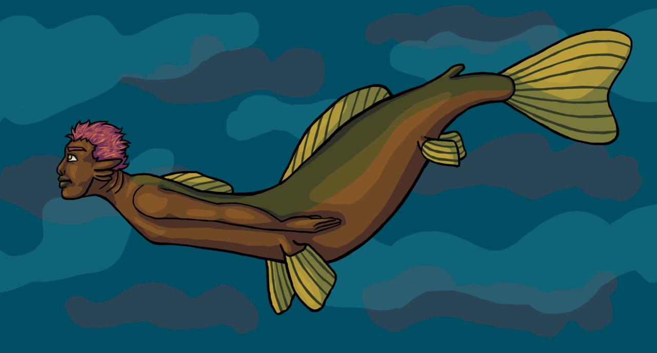 Digital drawing of a brown and green mermaid with yellow fins, swimming.